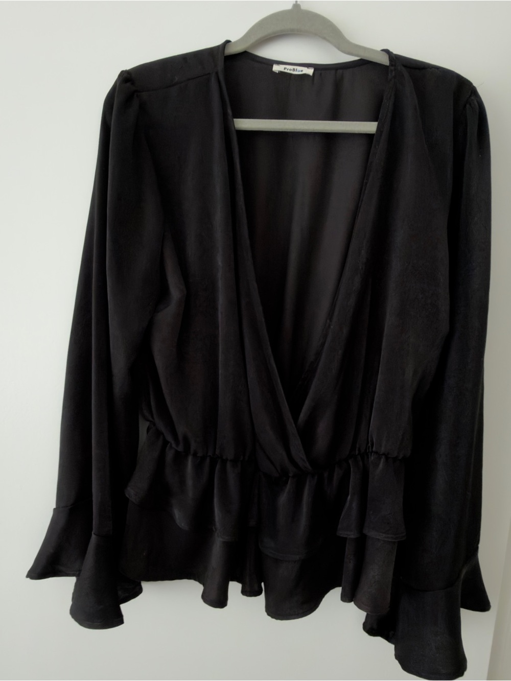Black V-Neck Satin Blouse - Size XL